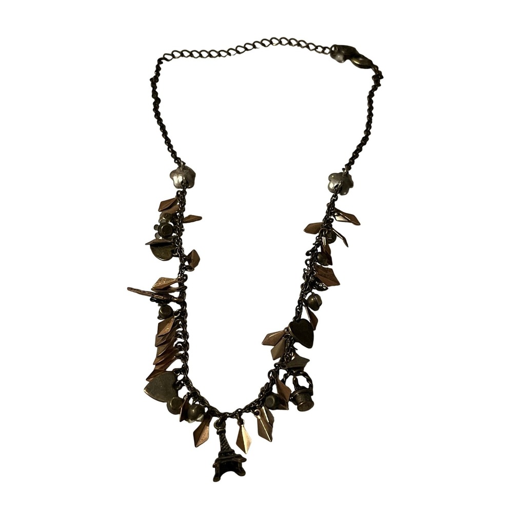 Betsey Johnson Paris Eiffel Tower Charm Necklace Bronze Tone Mixed Metal Heart - Picture 1 of 14
